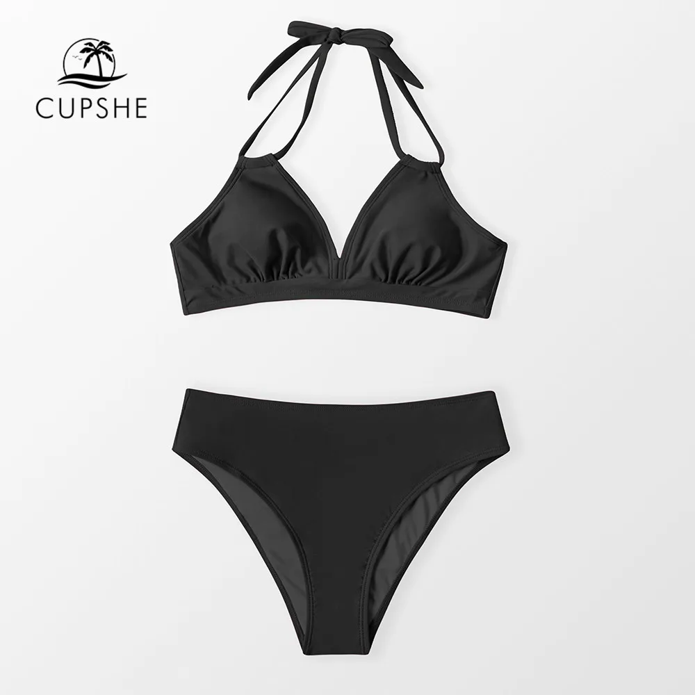 CUPSHE Black Halter Mid Waist Bikini Sets Swimsuit For Women Sexy Back Tie Two Pieces Beachwear 2022 New Bathing Suit Swimwear |