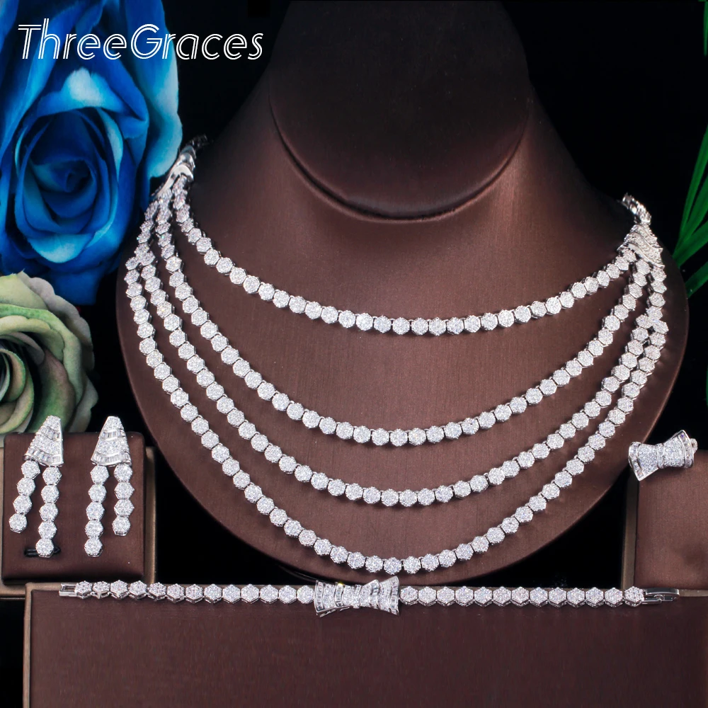 ThreeGraces уникальный кубический цирконий серебряный цвет многослойное ожерелье серьги браслет кольцо свадебный набор украшений для женщин ...