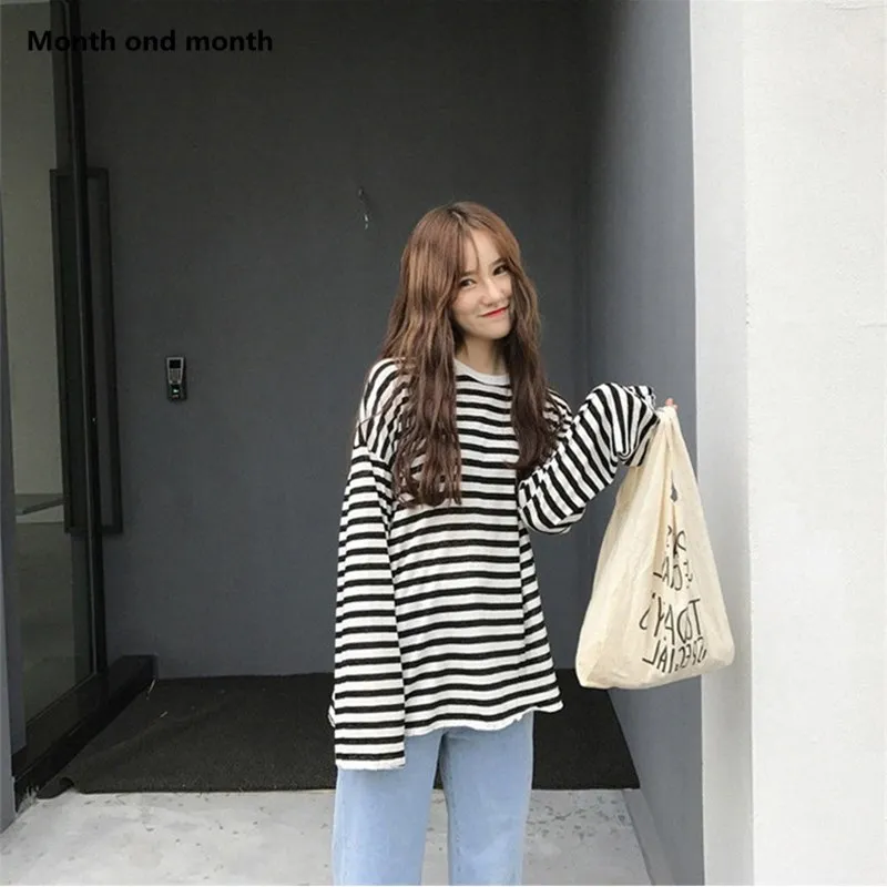 

Autumn Stripe Fashion Top Long Sleeve Casual O Neck Women tees shirts Korean Harajuku Vintagestriped Ulzzang Harajuku Tee NewTop