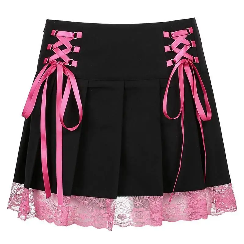 

Woman Skirts Punk Goth Style Black Sexy Lace Vintage Pleated High Waist Dance Autumn Short Harajuku Women Mini Skirt