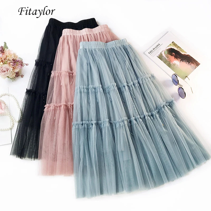 Женская Плиссированная Юбка миди из тюля с высокой талией|Женские юбки| |