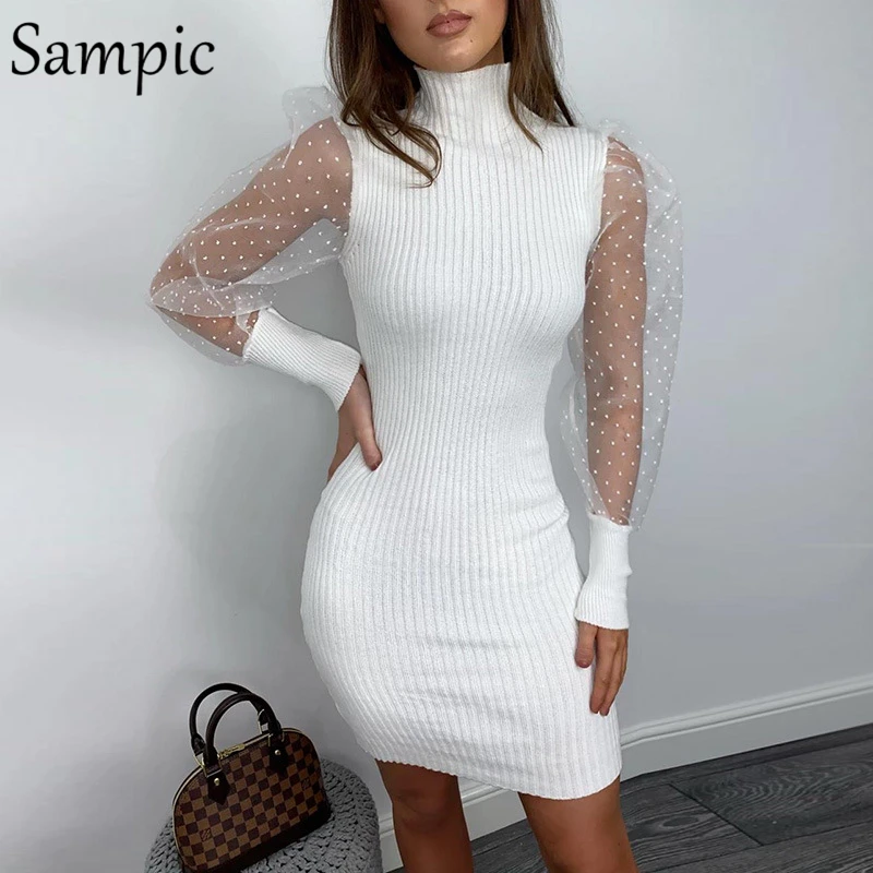Женское платье свитер в горошек Sampic повседневное облегающее Сетчатое с длинными