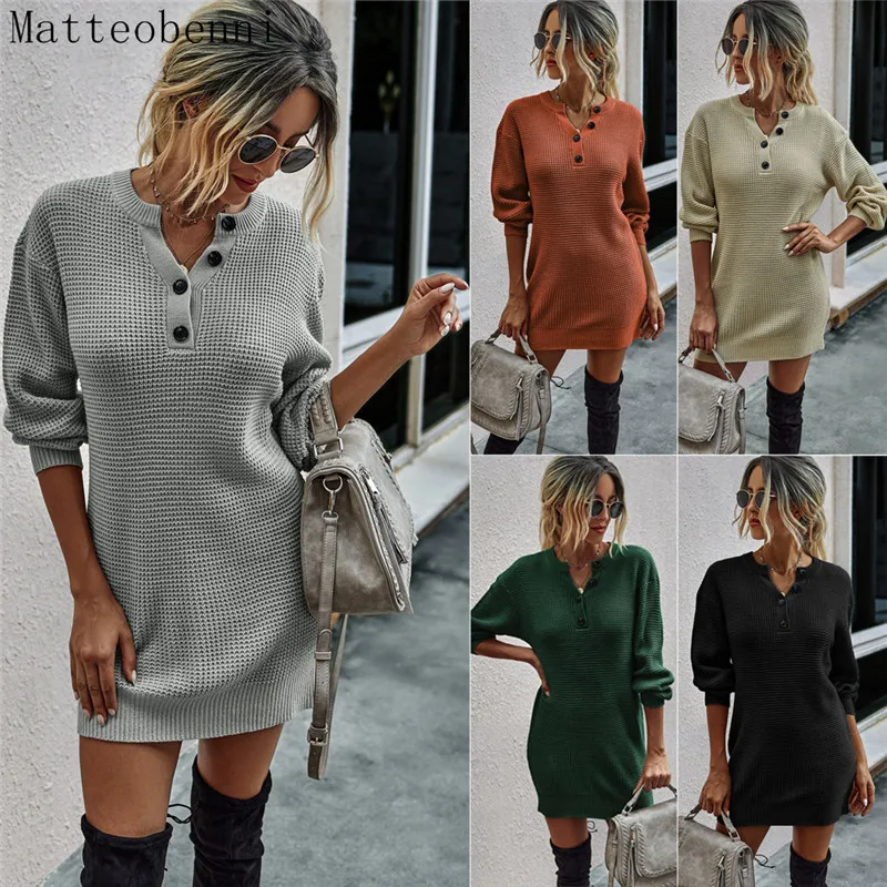 

Fall 2020 New Women'sfashion Personality Casual Solid Color Buttons Women's Knitted Sweater Dress New Products Are On The Market