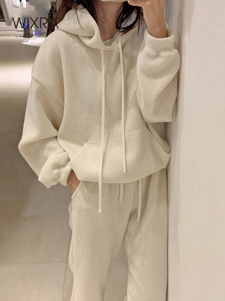 

Wixra Spring Autumn Women Casual Sets Corduroy Pullover Sweatshirts Hoodies+Elastic Waist Pants Solid Loose Basic Suits