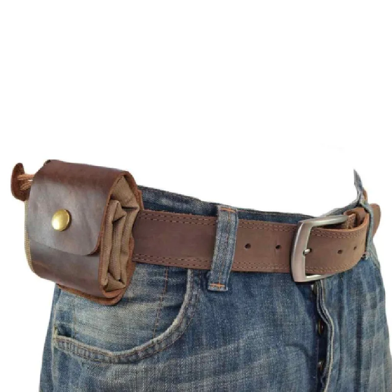 

Foldable Drawstring Waist Pouch with Leather Cover & Buckle Canvas Tool Bag Heavy Duty Pocket for Outdoors Camping B1