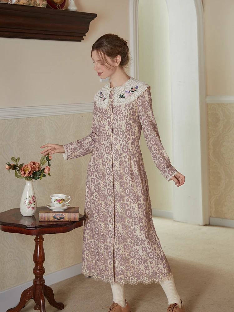 Women Dress Fall Winter Lotus Root Pink Lace Dress Vintage French Floral Embroidery Elegant Slim Long Sleeve Dress Women Clothes