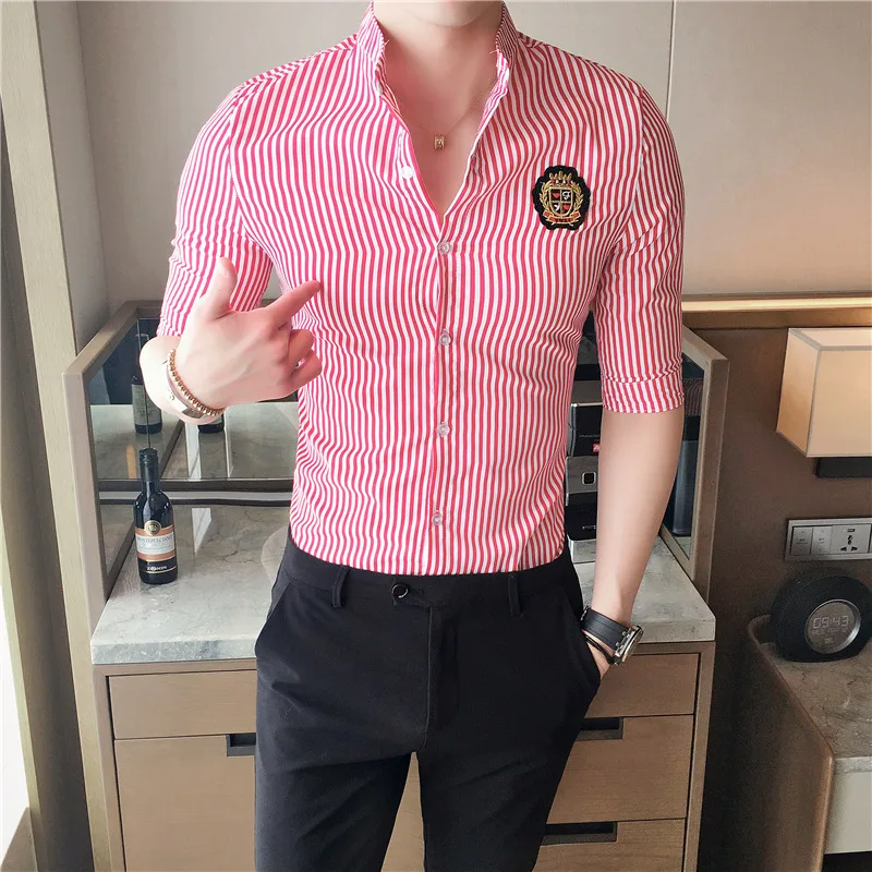 Рубашка в полоску с коротким рукавом приталенная мужская летняя рубашка Chemise Homme