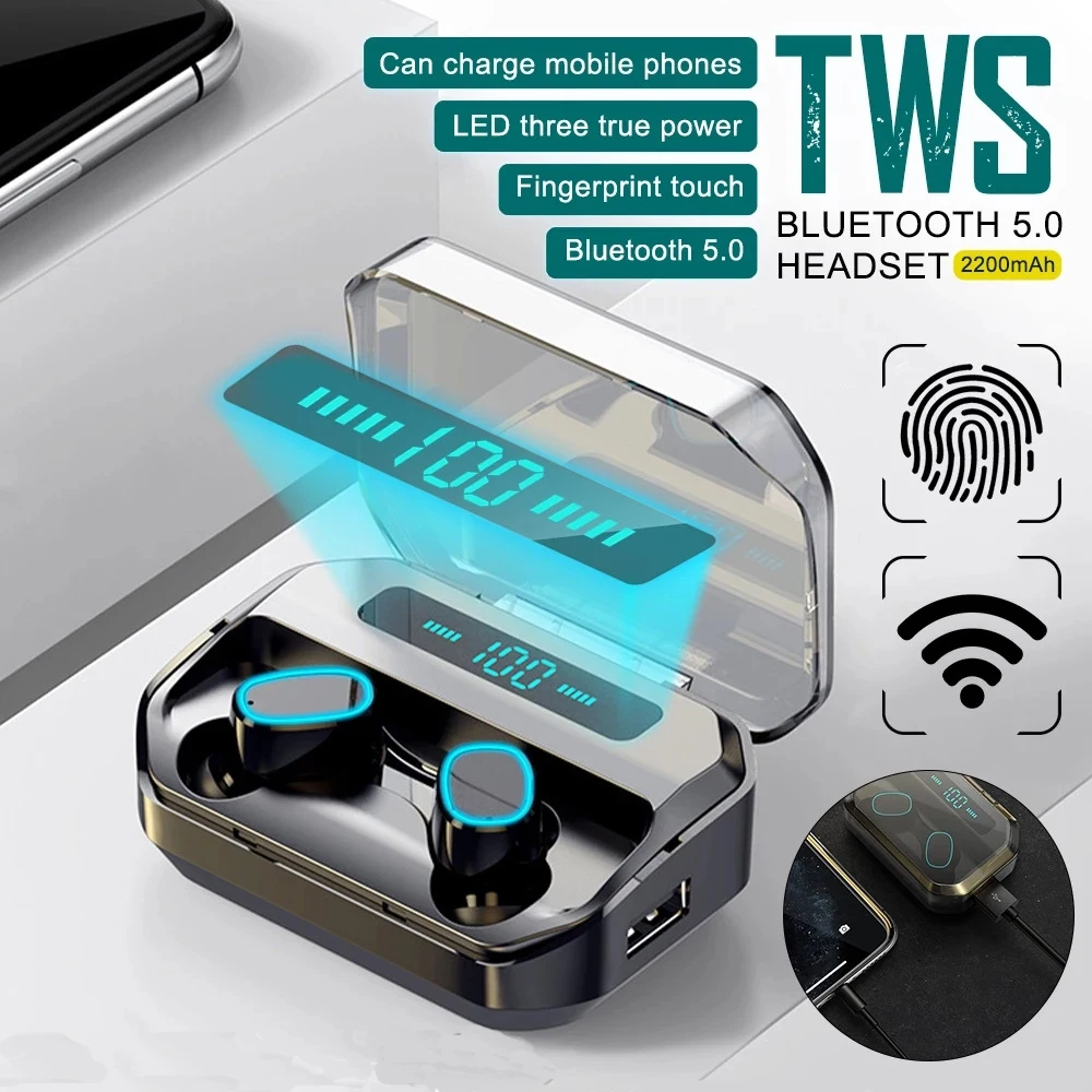 

Bluetooth-наушники TWS с зарядным футляром, 2200 мА ч, 9D стерео
