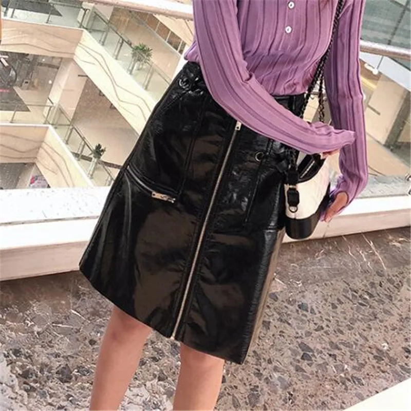 Женская юбка на молнии винно-красная из искусственной кожи с высокой талией