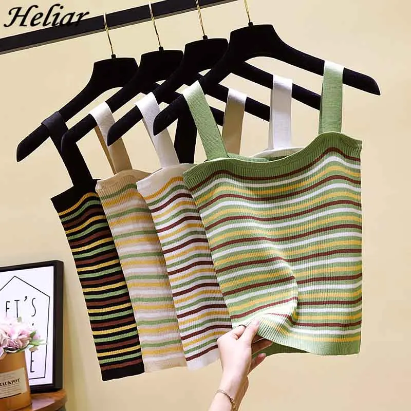 Женский трикотажный топ в полоску на тонких бретельках | Женская одежда