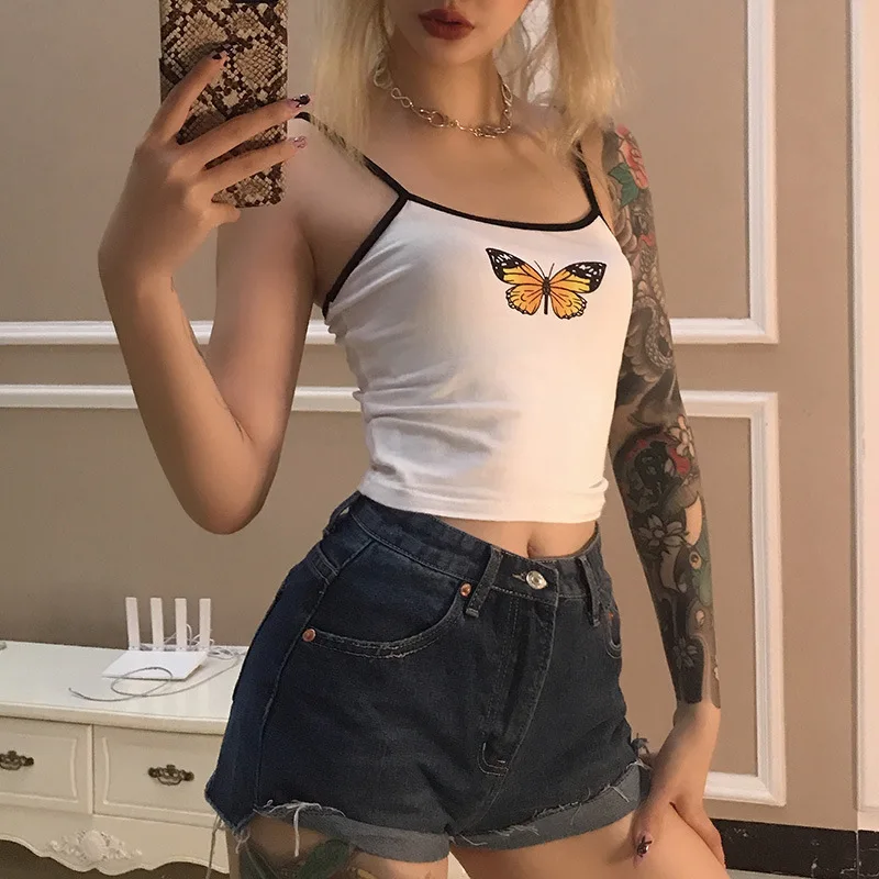 

Cute Butterfly Printing Cotton Crop Top Women Summer Casual White Camiseta Mujer 2021 Ladies Tank Tops Street Casual Tees Sexy