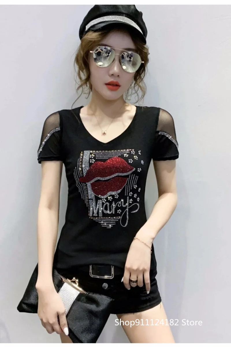 

European Station Foreign Style Small Shirt Summer New Heavy Industry Hot Drilling Short-Sleeved T-shirt Women's Slim Slim Tee