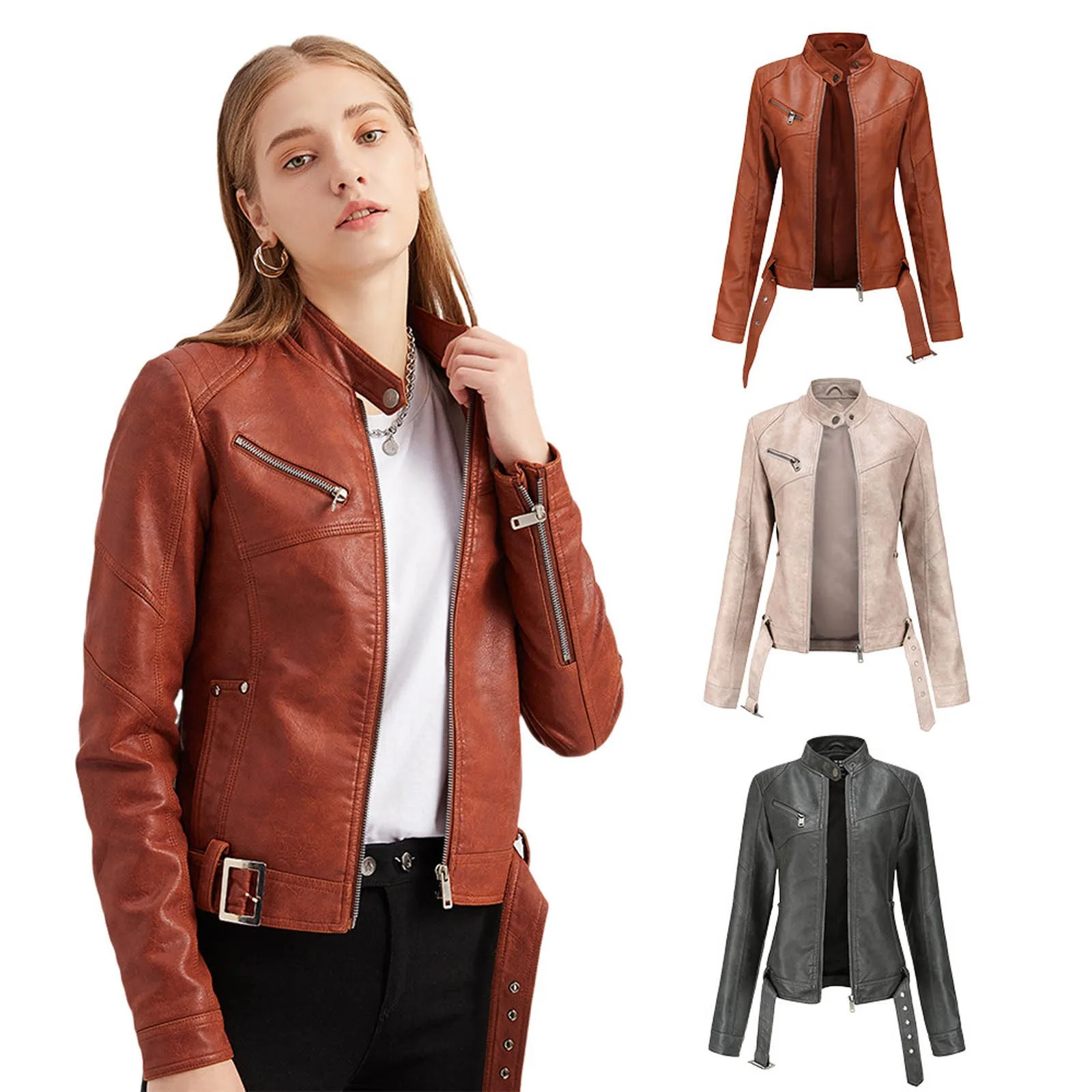 

Slim Coat Tops Suit Women's Belt Motorcycle Stand Jacket Collar Leather Zip Women's Coat