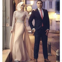 elegant muslim evening dresses 2020 mermaid long sleeves chiffon lace beaded islamic dubai saudi arabic long formal evening gown
