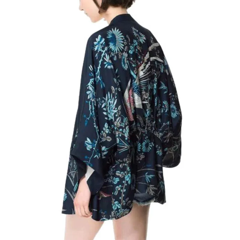 

Harajuku Cardigan Summer Kimono Phoenix Printed Bat Sleeve Loose Cardigan Flower birds Print Sun Protection Blouse beachwear