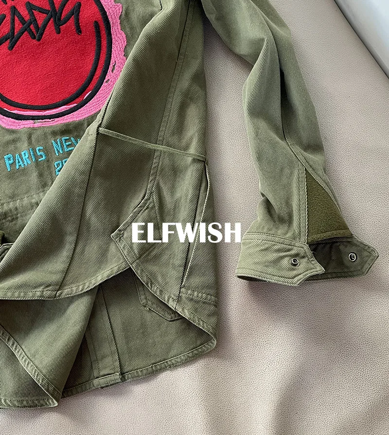 Куртка женская хаки в стиле милитари модный топ с длинными рукавами вышитыми