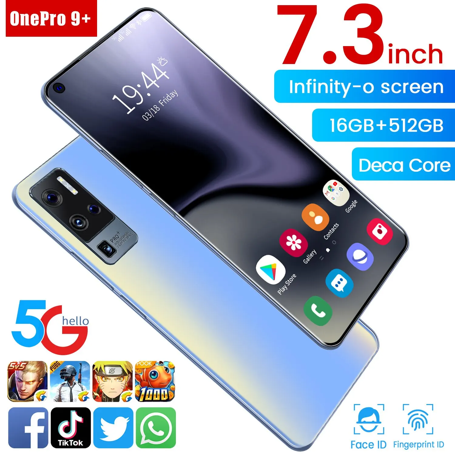

Onepro9+16+512gb Smart Phone Andriod 11 7.3 Inch Global Version Big Screen 32+64mp Face Deca Core 6800mah Mobile Phones Mtk6893