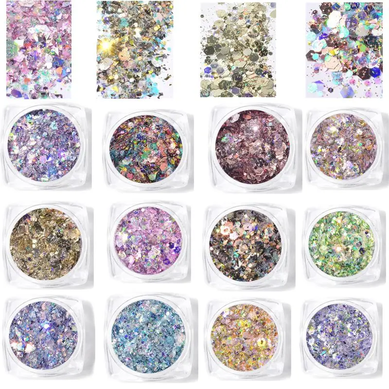

1 Box Sun Light Color Changing Mixed Size Hexagon Sequins Holographic Laser Glitter Powder Manicure 3D Nail Art Gel Decorations