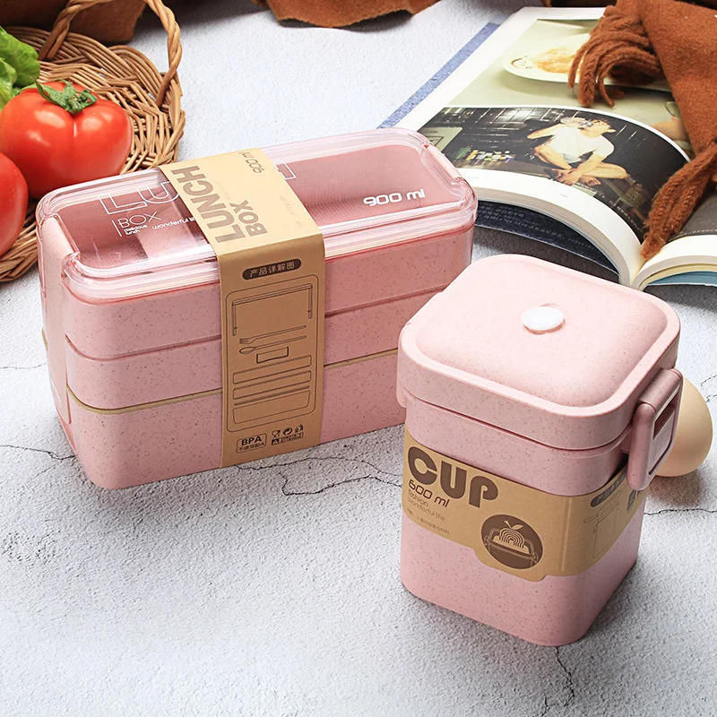 

600ml Soup Box 900ml 3 Layers Lunch Box Bento Food Container Eco-Friendly Wheat Straw Material Microwavable Dinnerware Lunchbox