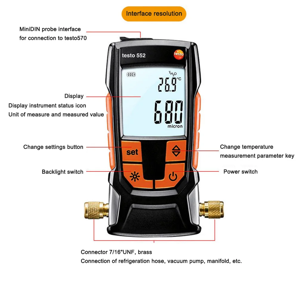 Цифровой вакуумный манометр Testo 552 с Bluetooth для системы хладагента и теплового