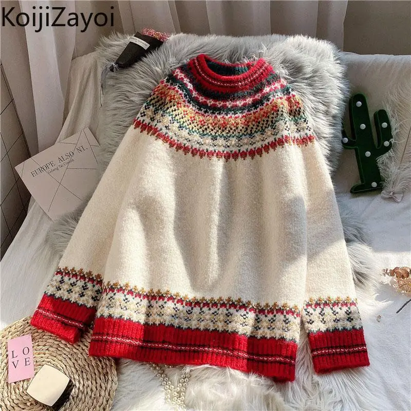

Повседневный свободный женский зимний теплый свитер Koijizayoi, женские винтажные шикарные пуловеры с длинным рукавом и круглым вырезом, толсты...
