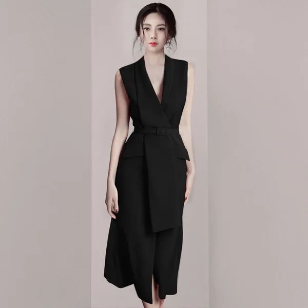 High Quality Spring Women's Vintage Vest Red Blazer Dress Ladies Sexy V-Neck Sleeveless Tank Elegant Office Party Long Dresses | Женская