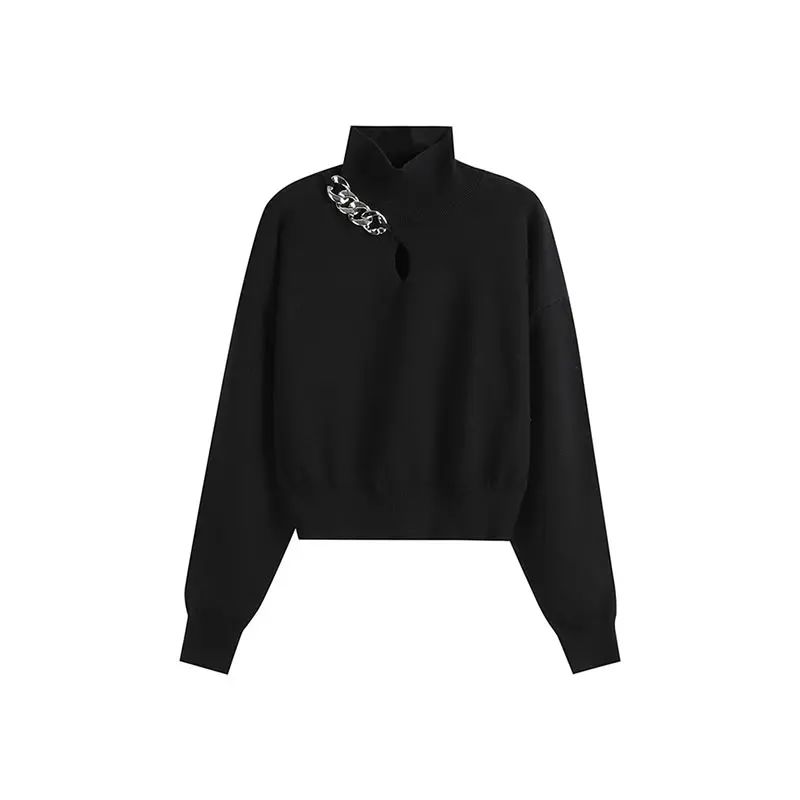 

XITAO Chains Patchwork Hole Short Sweater Women Fashion New Style Turtleneck Collar Long Sleeve Pullover Loose Elegant ZY4762