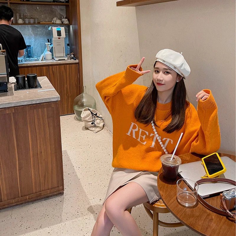 

Cmaz Women's Orange Pullover Autumn Winter Retro Japanese Korean