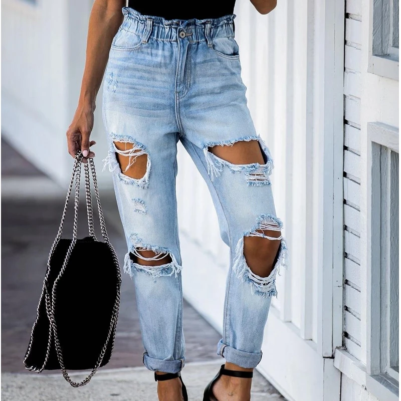 

Рваные джинсовые брюки женские с высокой талией, уличная одежда с эластичным поясом, рваные прямые потертые брюки