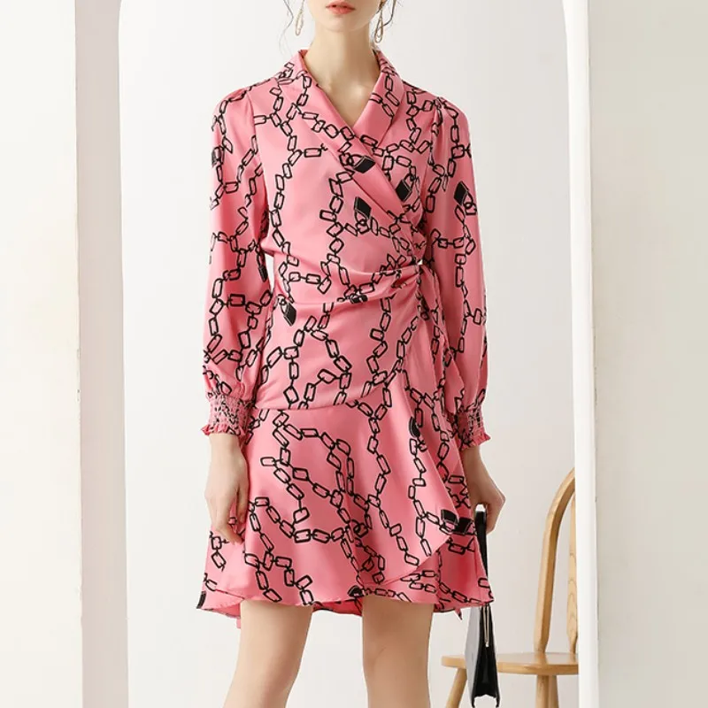 

2021 Spring Boho High Waist Chain Printed Women Dress Elegant Summer Lace-Up Fashion Wrap Asymmetric Party Dress Vestidos