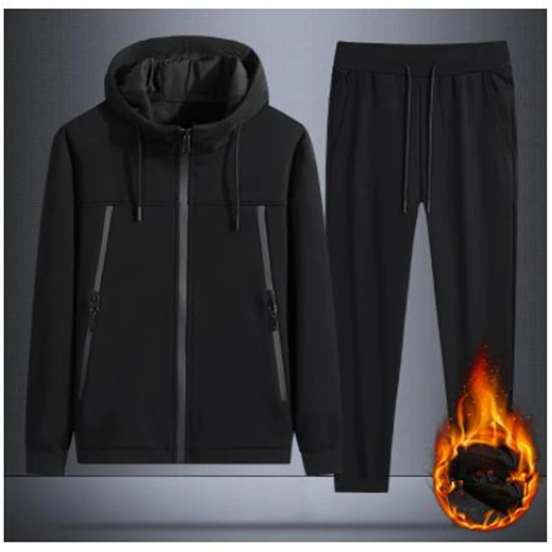 Men's sportswear Autumn and winter plus fleece hooded sweater + trousers 2-piece set