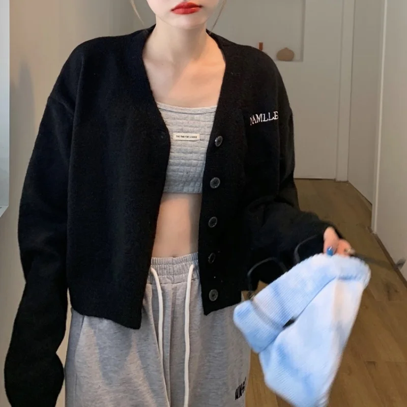 Женский вязаный кардиган с вышивкой алфавита V-образным вырезом и длинным