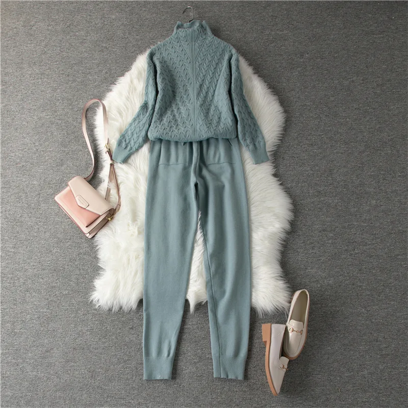 

2020 New Women sweater suits track costumes 2 piece sets Autumn winter turtleneck pullovers and long pants knitted suits female