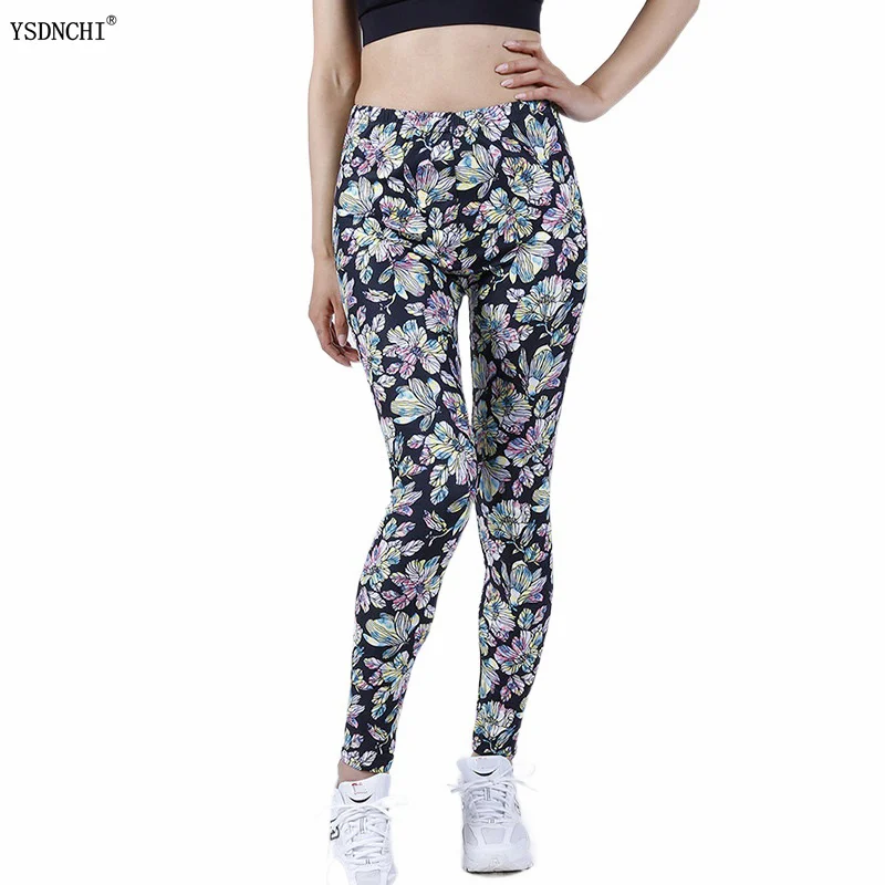 

CUHAKCI New Sexy Women Legging Yellow Pink Flower Printing Fitness Fashion High Waist Leggins Push Up Pants Polyester Breathable
