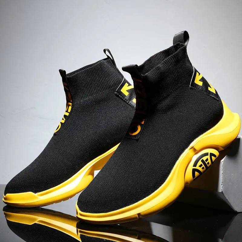 Летние мужские высокие кроссовки размера плюс для бега мужская спортивная обувь мужчин черные вязаные GMB