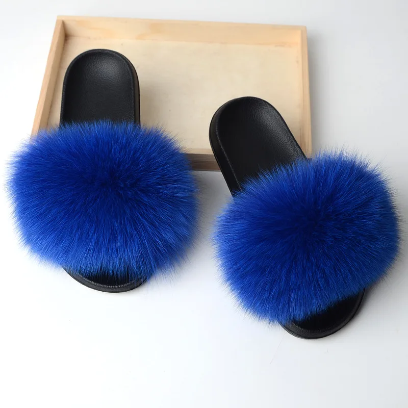 

Real Fox Fur Slippers Women Home Fluffy Fur Slides Comfort Furry Summer Flats Sweet Ladies Shoes Female Furry Indoor Flip Flops