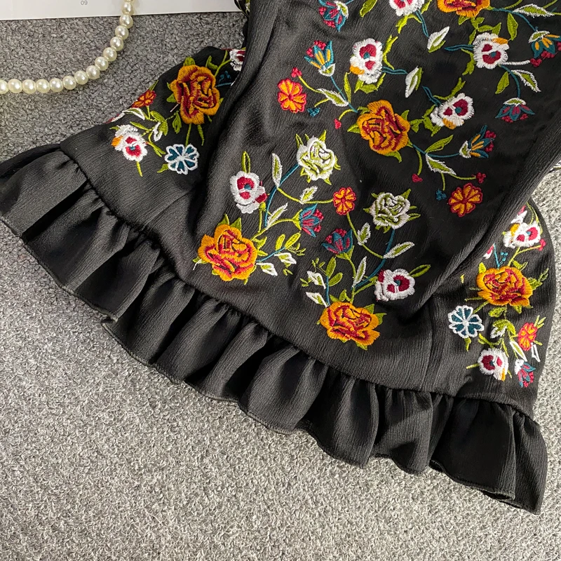 Топ с цветочной вышивкой в стиле ретро майка оборками короткая дизайнерская