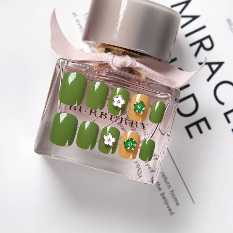 Летние модные зеленые 3D цветы авокадо изогнутые накладные ногти из акрила для