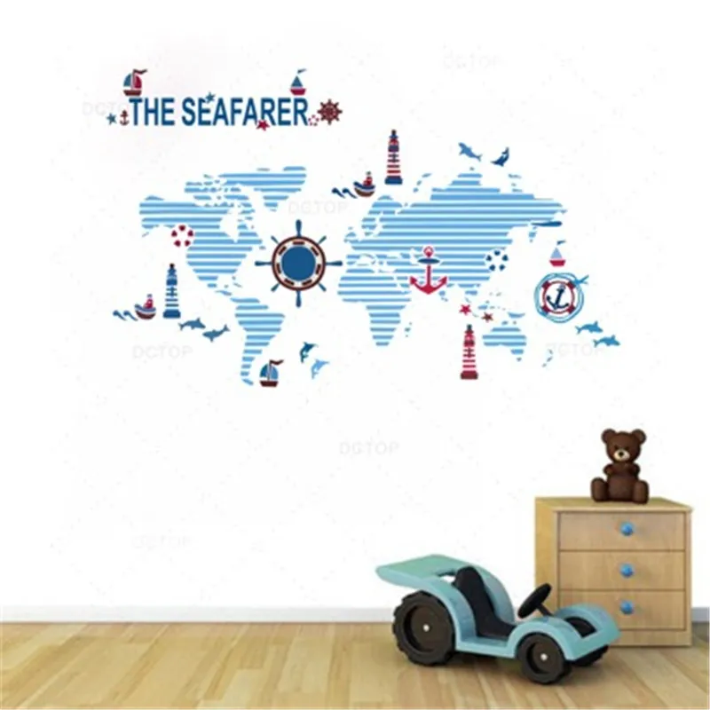 Морской моряк Путешествия Синий карта мира настенные наклейки для детской