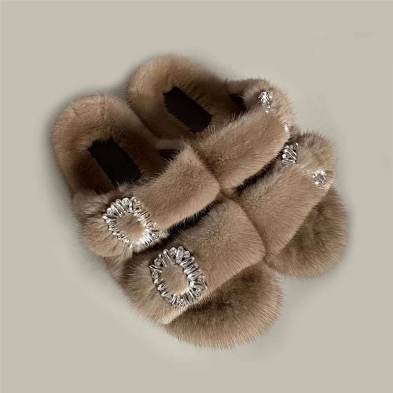 

Designer Slides Luxury Mink Fur Slippers Real Mink Hair Sandals Double Fur Shoes Slippers For Women Fluffy Slides