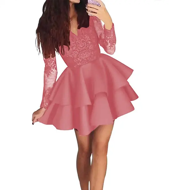 Homecoming Dresses Short Long Sleeve Cocktail Dress Lace Prom Dresses  Tiered Lace Applique Beaded V Neck Wedding Party - купить по выгодной цене  | AliExpress