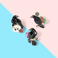 gothic black crow raven enamel pins custom bird skull moon flowers brooches bag lapel pin punk badge jewelry gift for friends