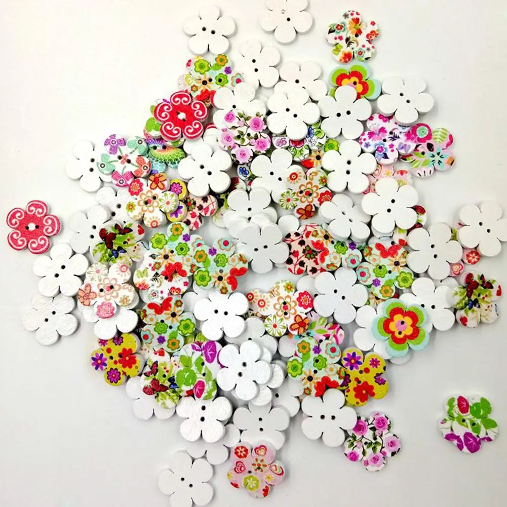 

100 Pcs Wooden Cute Flower 2 Holes Buttons for Clothes Needlework Sewing Scrapbooking DIY Clothing Knitting Accessories