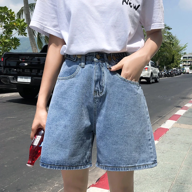 

Streetwear womens shorts button denim high waist short harajuku denim fold wide legs blue shorts hot sale 2021 summer