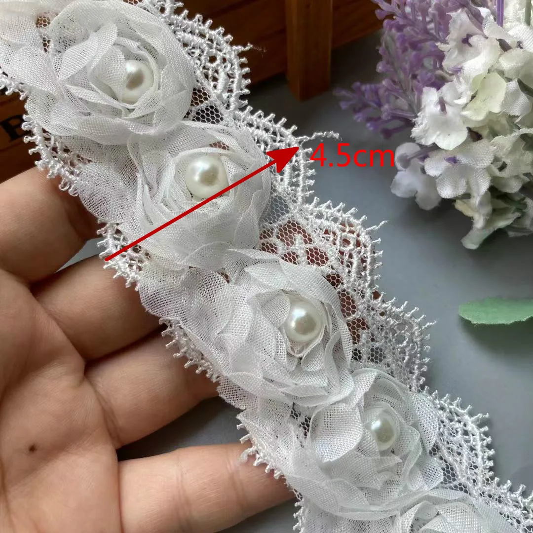 

1 ярд белый цветок розы кружевная отделка жемчужная растворимая 45 мм вышитая лента ткань ручной работы «сделай сам» свадебное платье швейные принадлежности для рукоделия