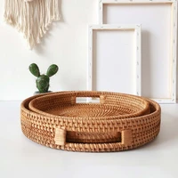 handwoven rattan storage tray round wicker basket for bread fruit snack food plate picnic platter breakfast serving tray