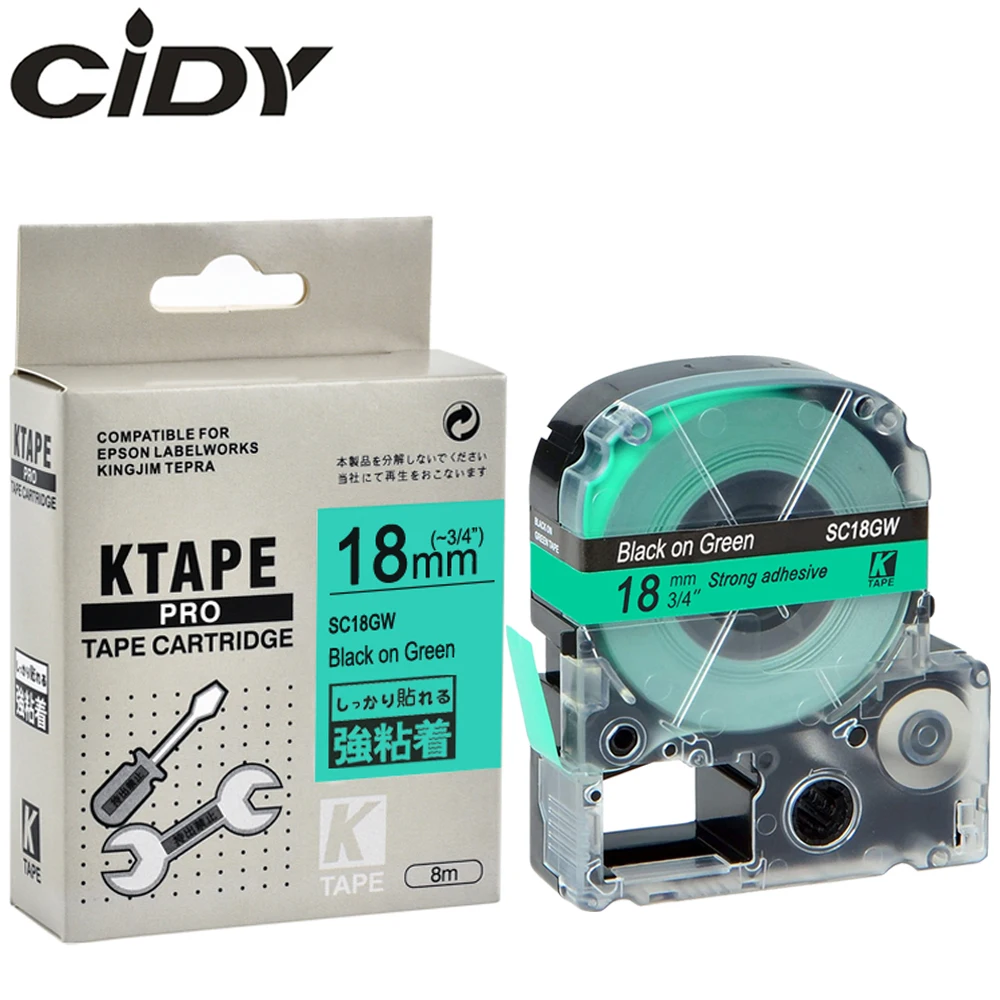 

CIDY 10Pcs Compatible SC18GW/LC-5GBW LC5GBW9 18mm Black on Green label tape for kingjim/epson label maker LW400 LW700 SR150