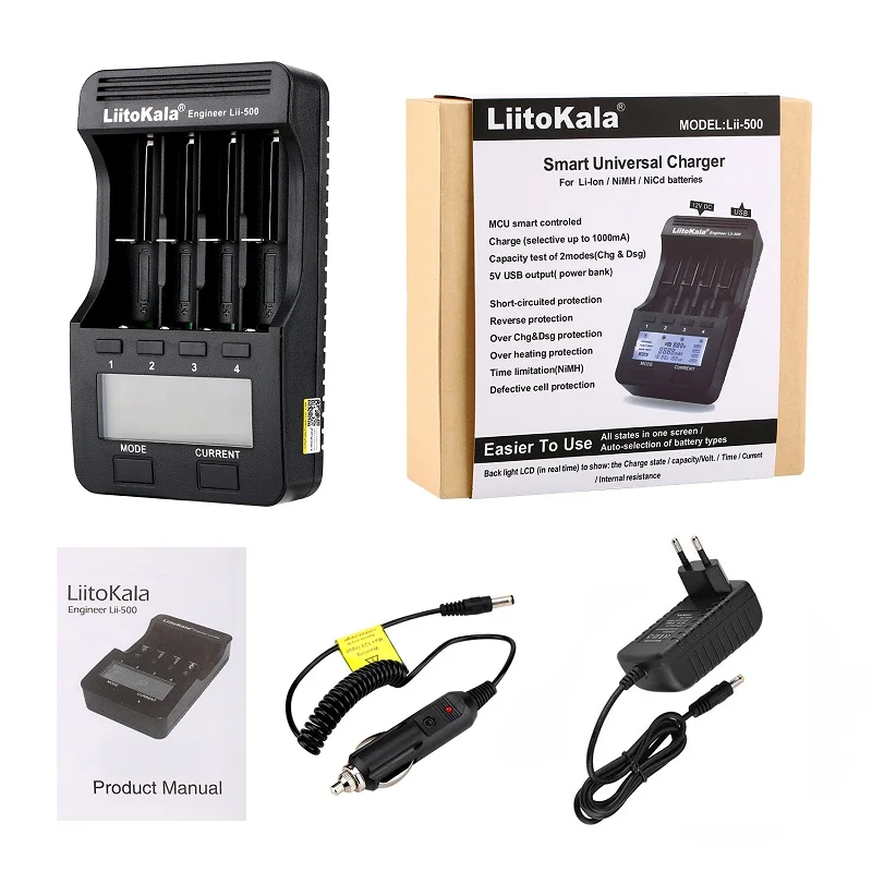 LiitoKala-cargador de batería lii-500 LCD, 3,7 V/1,2 V 18650/26650/16340/14500/10440/18500, adaptador de batería lii500 + 12V 2a + Coche