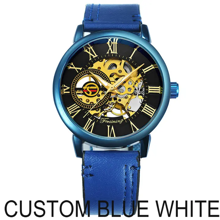 BLUE WHITE FORSINING новые мужские модные часы, мужские механические часы с синим скелетом, мужские часы от ведущего бренда, Роскошные наручные часы с кожаным ремешком - Цвет: BLUE WHITE