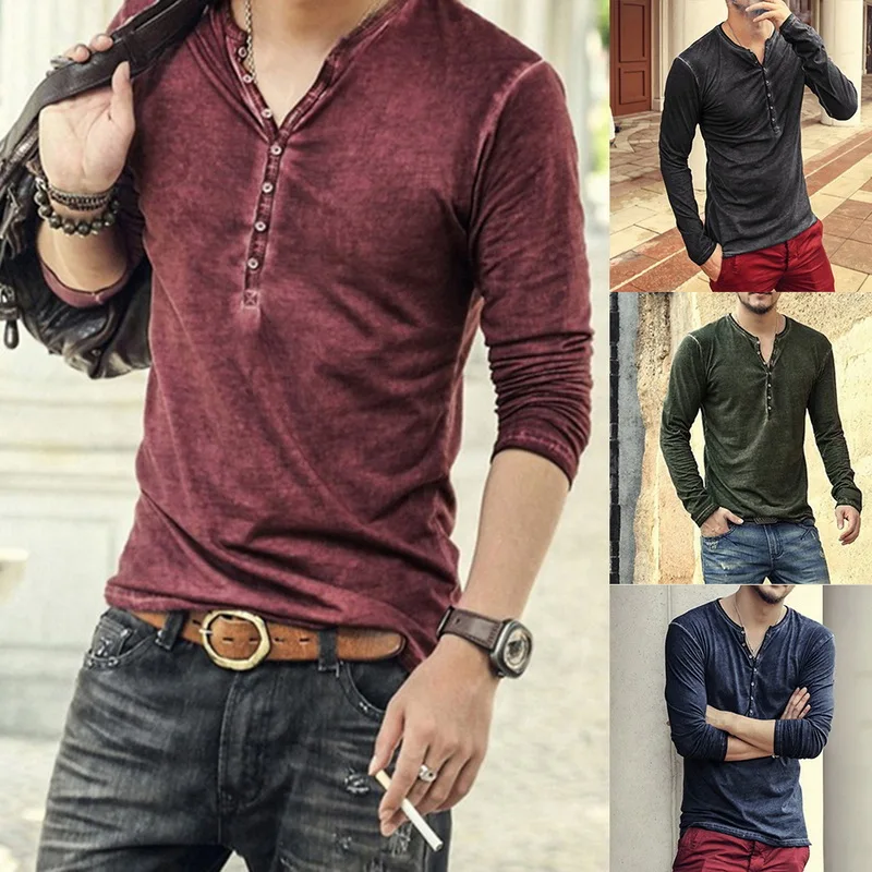 

Camiseta informal de otoño para hombres, prenda de vestir, de manga larga, con cuello en V y botones finos, ropa color sólido,